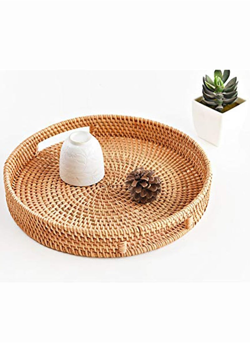 Round Rattan Woven Serving Tray, Decorative Display Tray with Handle Table, Desktop Organiser Tray, Ottoman Woven Coffee Table Tray Decorative for Kitchen and Home Natural