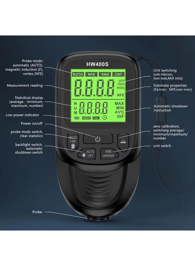 Black HW400S Automatic Car Paint Film Thickness Gauge Tester 0 2000um Fe NFe Coating - Image 5