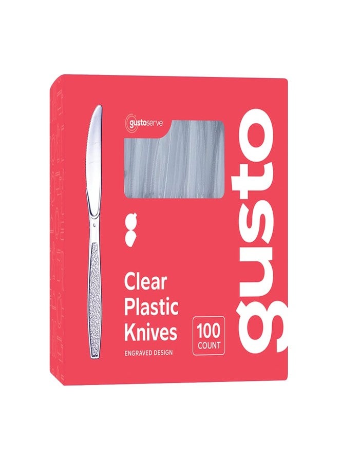 GUSTO [100 Pack] Clear Plastic Knives Heavy Duty with Engraved Design - Disposable, Sturdy for Parties, Weddings, and Events-(Formerly Comfy Package) - Image 1