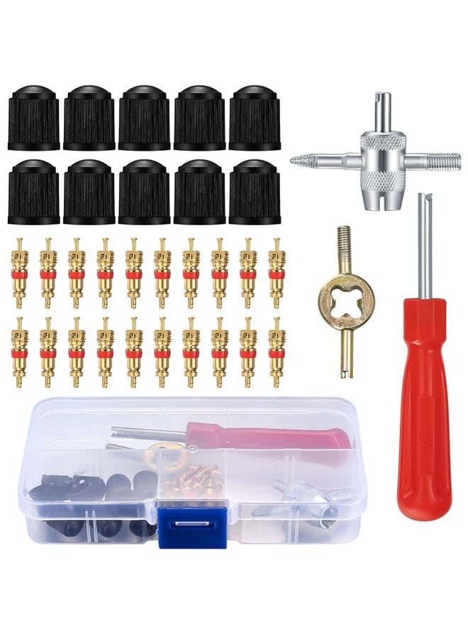 GNAFOTU 33PCS Tyre Valve Core Repair Tool Kit - Includes 20 Valve Cores, 10 Caps, Single/Dual/4-Way Core Removers for Car, Bike, Motorcycle, ATV Tire Maintenance - Image 1