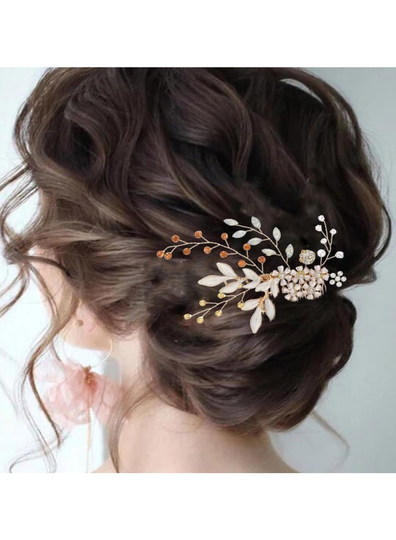 SOLARAE Gold Wedding Hair Comb, Flower Rhinestone Headpieces Leaf Bride Hair Pieces Bridesmaid Side Hair Combs for Women and Girls - Image 1