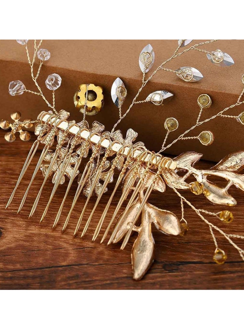 SOLARAE Gold Wedding Hair Comb, Flower Rhinestone Headpieces Leaf Bride Hair Pieces Bridesmaid Side Hair Combs for Women and Girls - Image 3