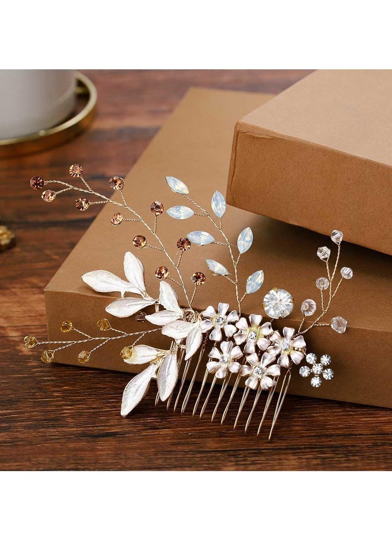 SOLARAE Gold Wedding Hair Comb, Flower Rhinestone Headpieces Leaf Bride Hair Pieces Bridesmaid Side Hair Combs for Women and Girls - Image 2