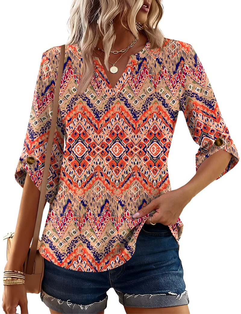 Kistore Boho Tops for Women Dressy Casual Bell Sleeve Summer Spring V Neck Paisley Plus Size Flowy Blouses Orange XXL - Image 2