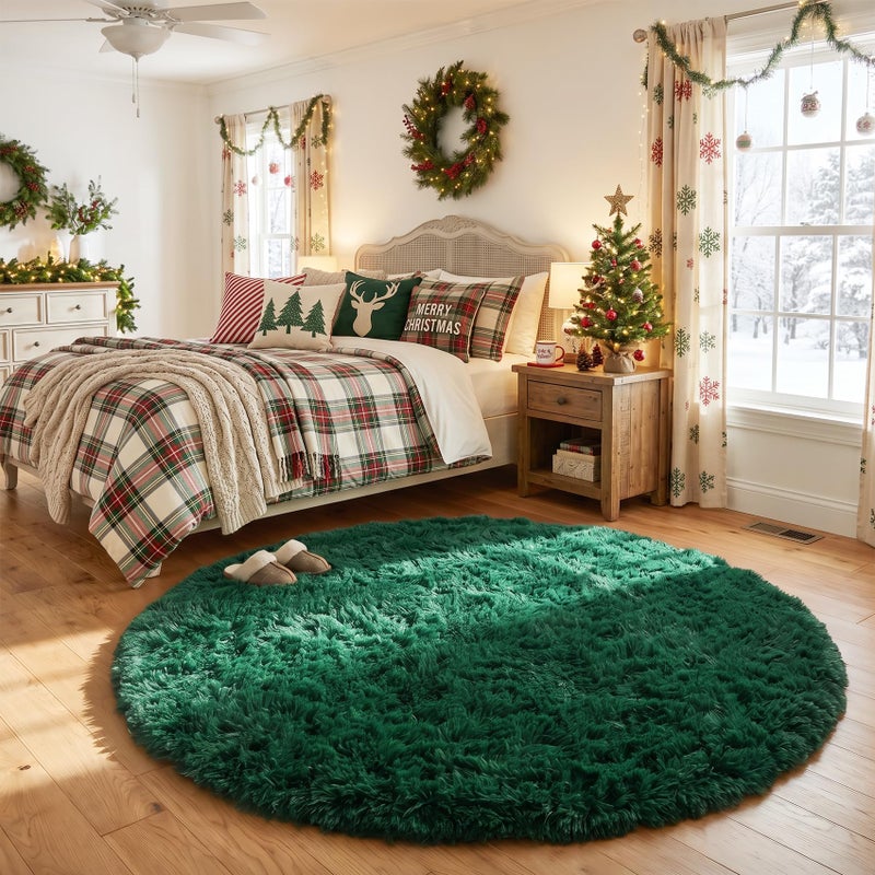 Amdrebio Dark Green Round Rug 4Ft for Bedroom Fluffy Fuzzy Circle Area Rugs for Living Room Decor Shaggy Emerald Green Rugs for Kids Teen Boys Baby Nursery Furry Plush Floor Carpet for Classroom - Image 2
