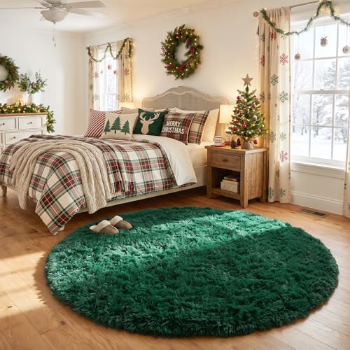 Amdrebio Dark Green Round Rug 4Ft for Bedroom Fluffy Fuzzy Circle Area Rugs for Living Room Decor Shaggy Emerald Green Rugs for Kids Teen Boys Baby Nursery Furry Plush Floor Carpet for Classroom - Image 1
