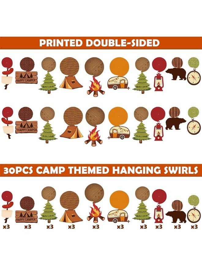 Levfla 30CT Happy Camper Party Hanging Swirls Decoration Camping Kids Birthday Photo Props Ideas Tent Cutouts Adventure S'More Whirls Signs Baby Shower Favor Supplies - Image 1