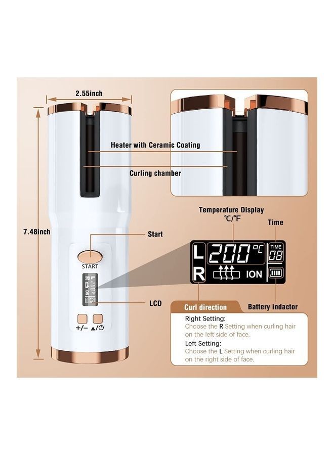 نيبمينينت Portable Cordless Ceramic Rotating Auto Hair Curler White/Gold - Image 5