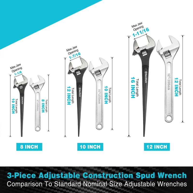 DURATECH 3-Piece Adjustable Construction Spud Wrench Set, 8-inch, 10-inch, 12-inch, Black Oxide Finish, CR-V Steel, SAE and Metric Scale Marked, Alignment Holes and Tail Crowbar Features - Image 2