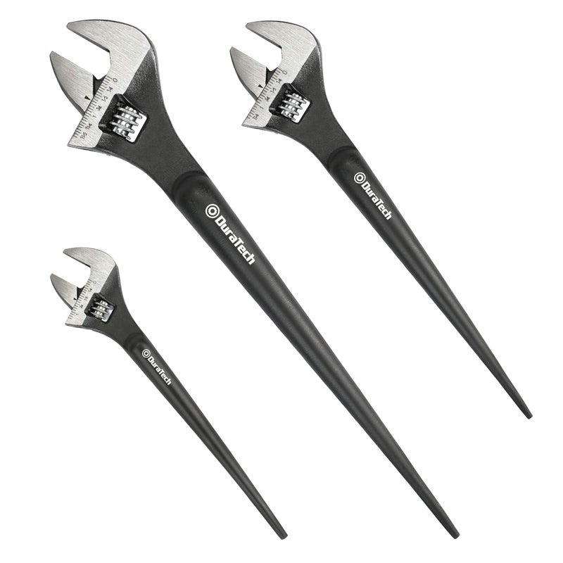 DURATECH 3-Piece Adjustable Construction Spud Wrench Set, 8-inch, 10-inch, 12-inch, Black Oxide Finish, CR-V Steel, SAE and Metric Scale Marked, Alignment Holes and Tail Crowbar Features - Image 1