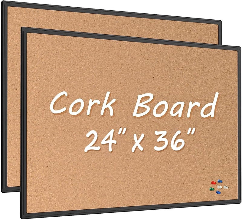Board2by 2-Pack Cork Board Bulletin Board 24 x 36, Black Aluminium Framed 2 x 3 Corkboard, Office Board for Wall Cork, Large Wall Mounted Notice Pin Board with 32 Push Pins for School, Home & Office - Image 1