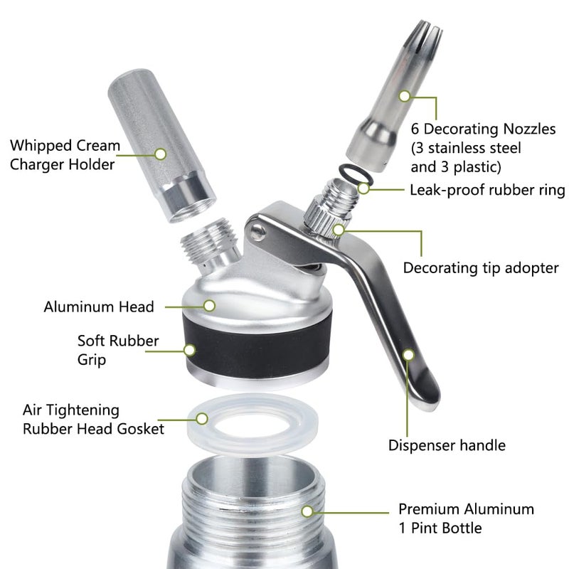 VIGIND Whipped Cream Dispenser,500ml Whipped Cream Charger with Sturdy Aluminum Body And Head,Cream Maker with 6 Decorating Nozzles,Use Standard 8 Gram N2O Chargers (Not Included) - Image 2