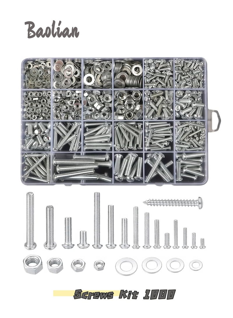 Baolian 1080 Pcs Screws Bolts and Nuts Assortment Kit, Metric Machine Screws and Nuts and Bolts and Flat Washers, M3/M4/M5/M6 Phillips Slotted Pan Head Hex Bolts and Nuts Sets - Image 1