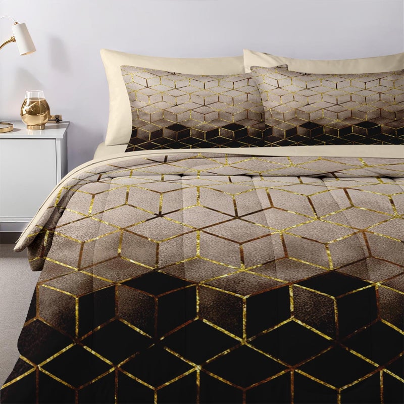 Nesker Comforter Set Queen Size, Black Golden Gradient Cubic 7 Pcs Bedding for Kids and Adults, Brown Modern Geometric Bed Sheet Sets with Fitted Sheet 2 Pillowcases & 2 Shams - Image 4