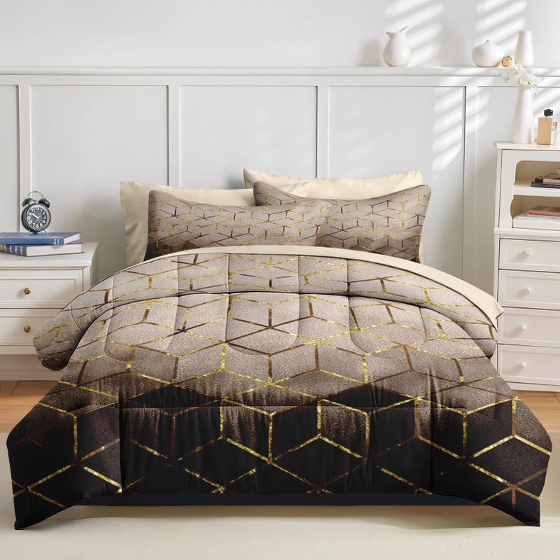 Nesker Comforter Set Queen Size, Black Golden Gradient Cubic 7 Pcs Bedding for Kids and Adults, Brown Modern Geometric Bed Sheet Sets with Fitted Sheet 2 Pillowcases & 2 Shams - Image 3