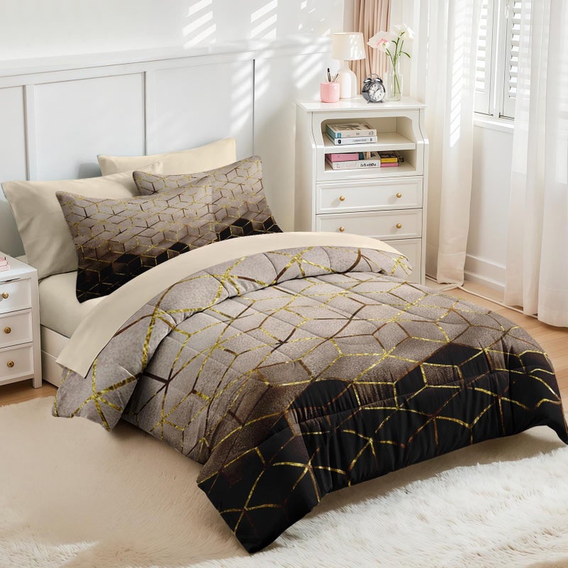 Nesker Comforter Set Queen Size, Black Golden Gradient Cubic 7 Pcs Bedding for Kids and Adults, Brown Modern Geometric Bed Sheet Sets with Fitted Sheet 2 Pillowcases & 2 Shams - Image 2