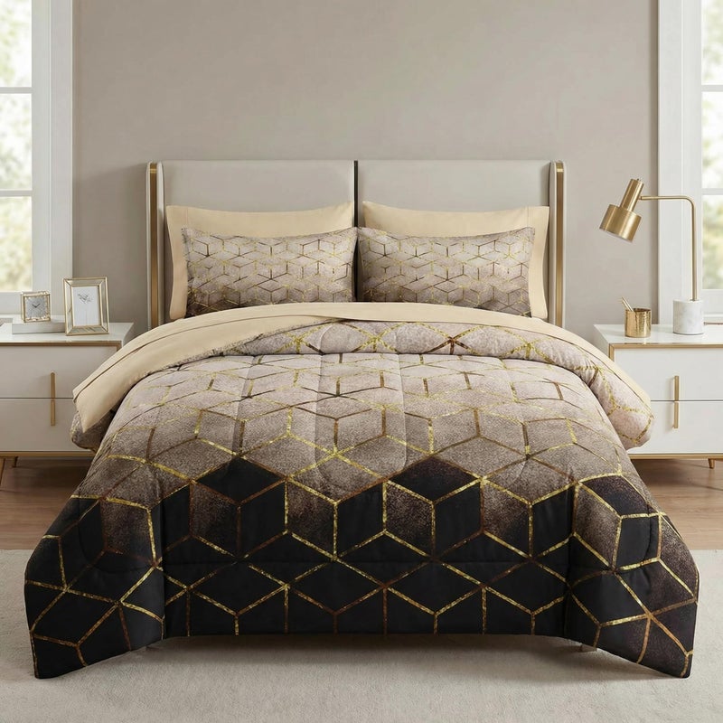 Nesker Comforter Set Queen Size, Black Golden Gradient Cubic 7 Pcs Bedding for Kids and Adults, Brown Modern Geometric Bed Sheet Sets with Fitted Sheet 2 Pillowcases & 2 Shams - Image 1
