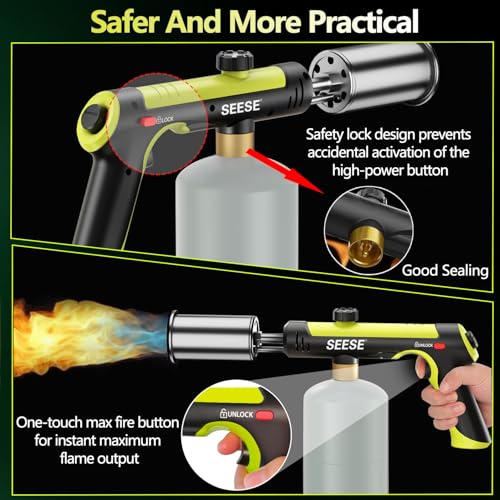 SEESE Powerful Propane Torch Gun,Kitchen Cooking Torch With One-Touch Max Fire, Charcoal Lighter with a Safety Lock, Adjustable Blow Torch for Sous Vide, BBQ, Campfire, Fireplace(Tank Not Included) - Image 5