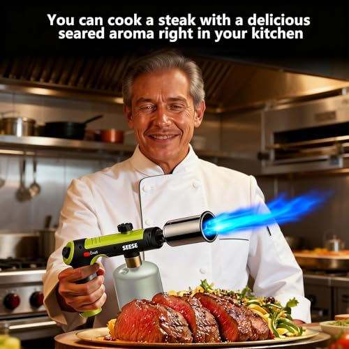 SEESE Powerful Propane Torch Gun,Kitchen Cooking Torch With One-Touch Max Fire, Charcoal Lighter with a Safety Lock, Adjustable Blow Torch for Sous Vide, BBQ, Campfire, Fireplace(Tank Not Included) - Image 2