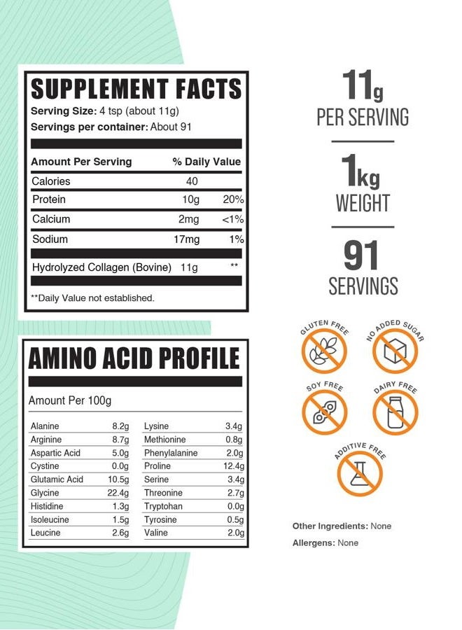 BulkSupplements مسحوق ببتيدات الكولاجين - مسحوق كولاجين من الأبقار، مكمل كولاجين مسحوق - مهدرج وخالي من الغلوتين، 11 جرام لكل حصة، 1 كجم (2.2 رطل) (عبوة من 1) - Image 2