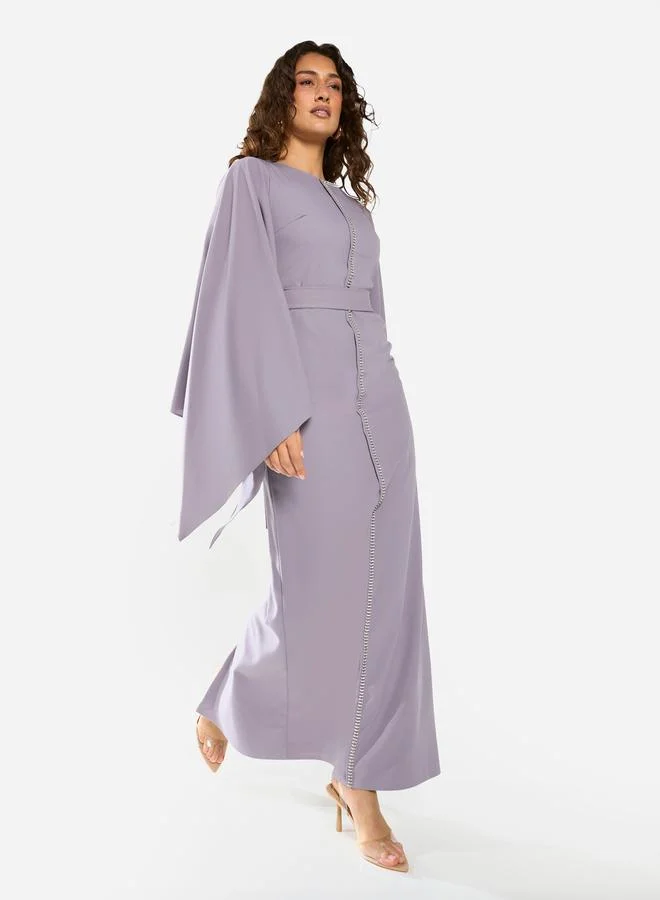 House of Moda Slit Cape Sleeve Tie-Belt Maxi Dress