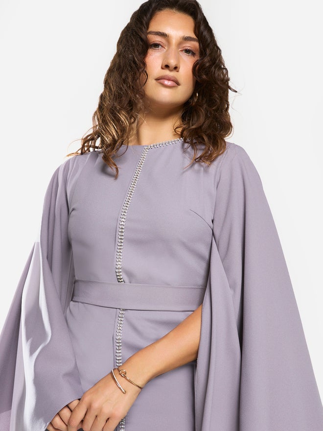 House of Moda Slit Cape Sleeve Tie-Belt Maxi Dress - Image 4