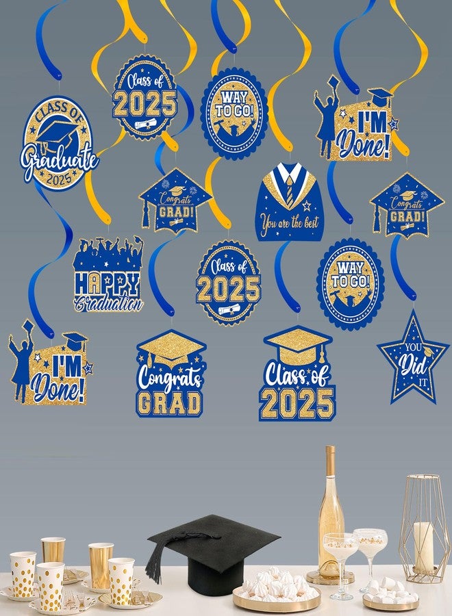PERFQU 20 Pack Graduation Decorations 2025 - Congrats Grad Hanging Decoration, Blue Gold Glittery Graduations Hanging Swirls Ceiling Streamers Ornaments for Class of 2025 Graduation Party Decor Favors - Image 1