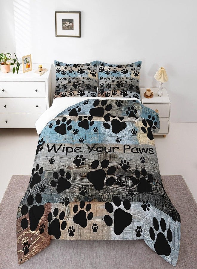 Castle Fairy طقم لحاف كامل الحجم بنقشة مخالب الحيوانات، طقم مفروشات سرير خشبي عتيق باللونين الأزرق والرمادي للبالغين والمراهقين، طقم لحاف فاخر بنقشة أقدام القطط والكلاب، ديكور غرفة نوم ريفي مكون من 3 قطع - Image 1