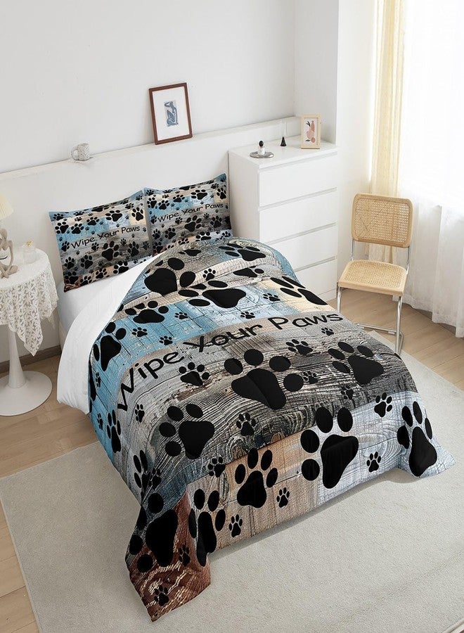 Castle Fairy طقم لحاف كامل الحجم بنقشة مخالب الحيوانات، طقم مفروشات سرير خشبي عتيق باللونين الأزرق والرمادي للبالغين والمراهقين، طقم لحاف فاخر بنقشة أقدام القطط والكلاب، ديكور غرفة نوم ريفي مكون من 3 قطع - Image 5