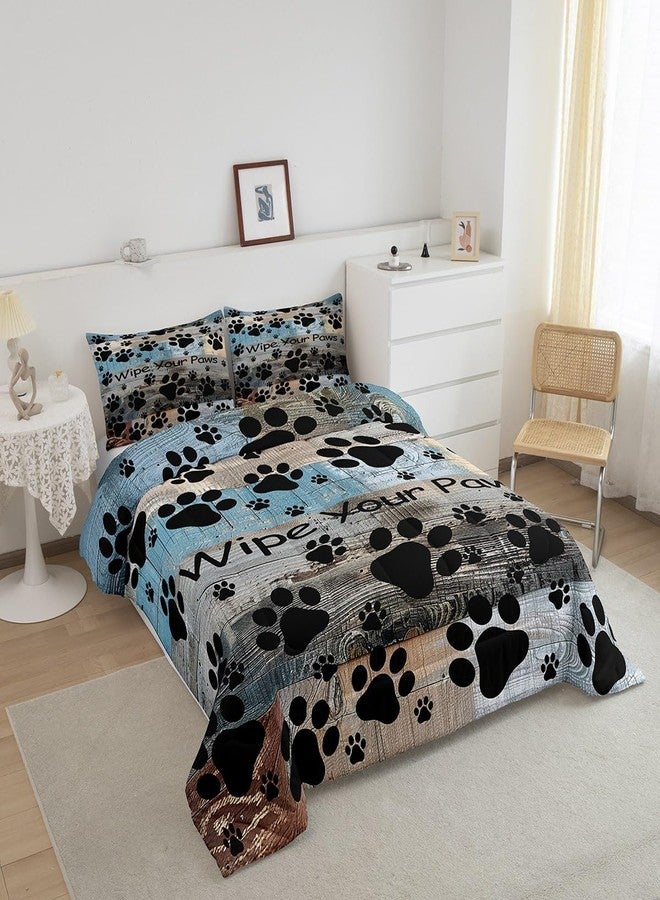 Castle Fairy طقم لحاف كامل الحجم بنقشة مخالب الحيوانات، طقم مفروشات سرير خشبي عتيق باللونين الأزرق والرمادي للبالغين والمراهقين، طقم لحاف فاخر بنقشة أقدام القطط والكلاب، ديكور غرفة نوم ريفي مكون من 3 قطع - Image 2
