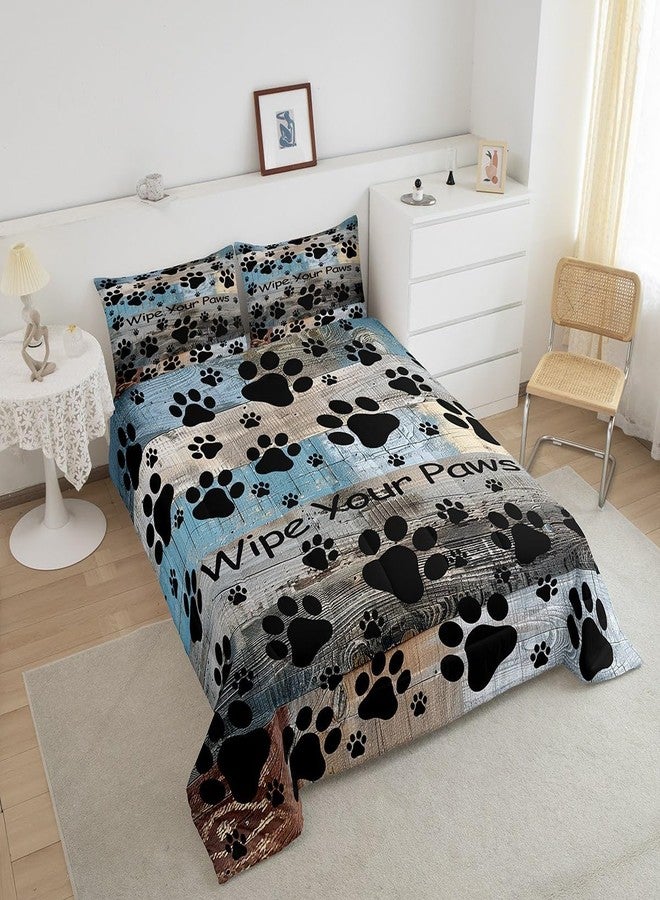 Castle Fairy طقم لحاف كامل الحجم بنقشة مخالب الحيوانات، طقم مفروشات سرير خشبي عتيق باللونين الأزرق والرمادي للبالغين والمراهقين، طقم لحاف فاخر بنقشة أقدام القطط والكلاب، ديكور غرفة نوم ريفي مكون من 3 قطع - Image 4