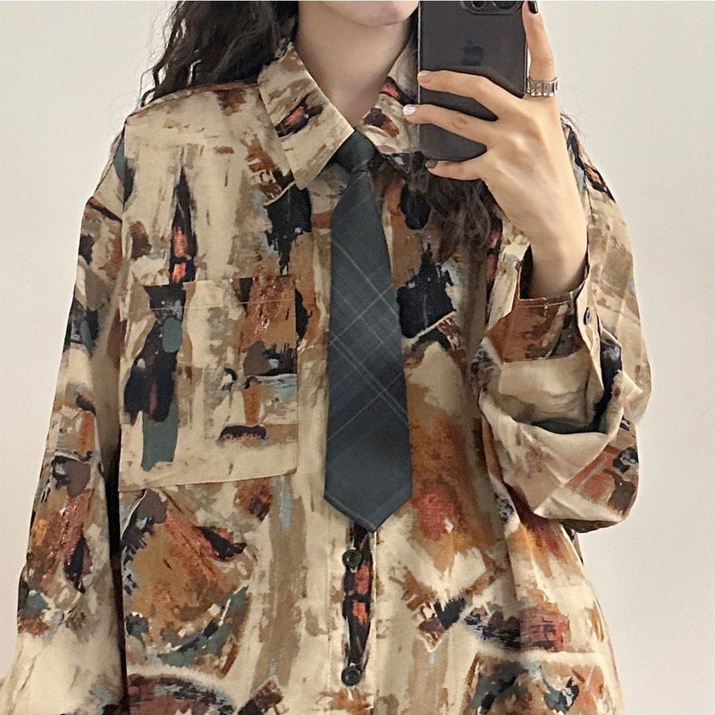 Spring and Autumn New Loose Oil Painting Print Long Sleeve Shirt Womens American Style Retro Trendy Brand Hong Kong Style Casual Slim Thin Coat khaki long sleeve shirt