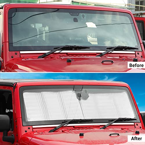 JWWY Windshield Sunshade Window Sun Shade Heat Shield Sun Visor UV Rays and Foldable Sun Shield Blocks for Jeep Wrangler Car Interior Accessories TJ JK JKU5196in1535in - Image 3