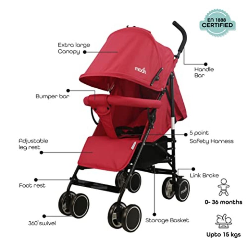 Travel stroller for baby/kids/toddler 0m+, lightweight aluminum frame, fire red, umbrella fold multi-position recline - Image 2