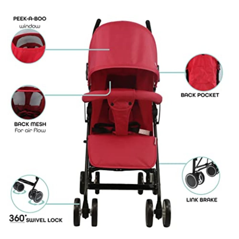 Travel stroller for baby/kids/toddler 0m+, lightweight aluminum frame, fire red, umbrella fold multi-position recline - Image 3