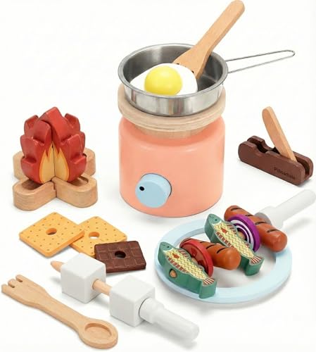 Pillowhale Wooden Campfire Playset 25Piece Kids SMores Grill Pretend Camping Kitchen Toy GlowLook Fire Skewers Pan Food STEM ScreenFree Outdoor BBQ Gift for Boys Girls Age 3 - Image 1