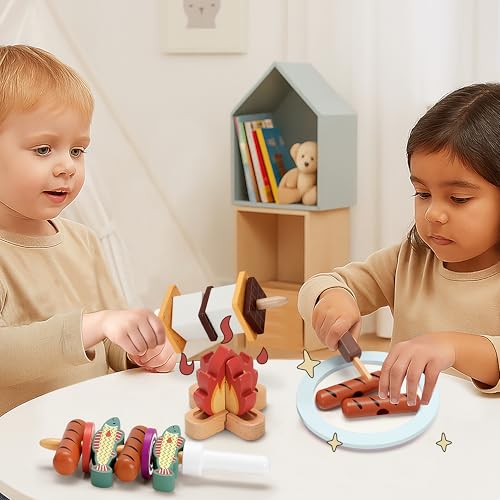 Pillowhale Wooden Campfire Playset 25Piece Kids SMores Grill Pretend Camping Kitchen Toy GlowLook Fire Skewers Pan Food STEM ScreenFree Outdoor BBQ Gift for Boys Girls Age 3 - Image 5