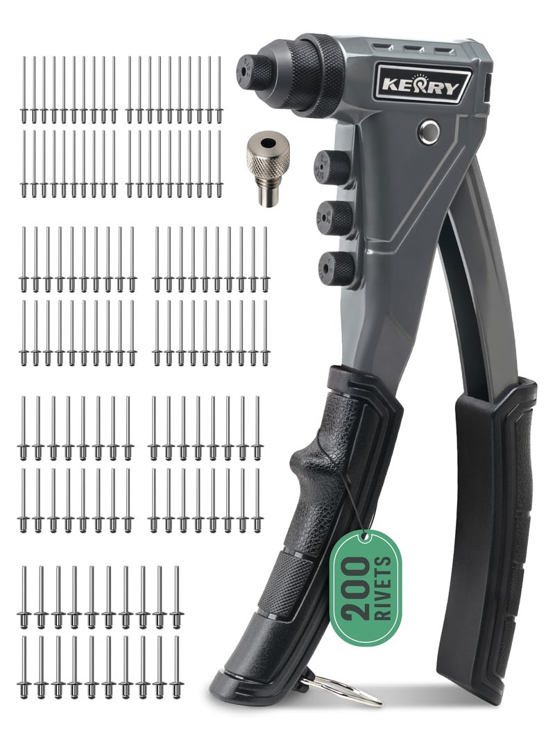 Kerry OneHanded Rivet Gun 332 18 532 316 Pop Rivet Gun Set Manual Riveting Tool with 96 Extended Handle 200 Rivets 4 ToolFree Interchangeable Heads Profeesional Hand Riveter