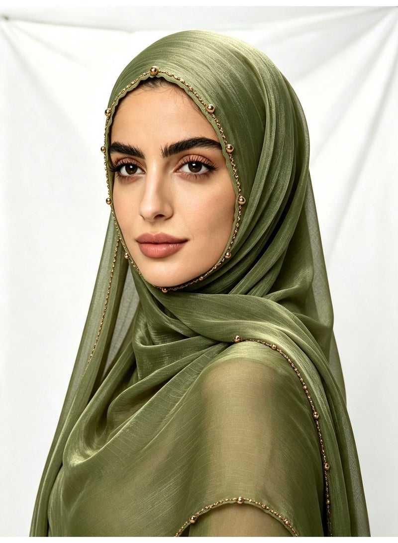 Solid-colour, cool-touch satin-finish crepe long scarf with metallic bead chain; women’s shiny silk long scarf - Image 1