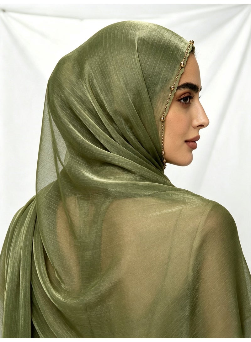 Solid-colour, cool-touch satin-finish crepe long scarf with metallic bead chain; women’s shiny silk long scarf - Image 2