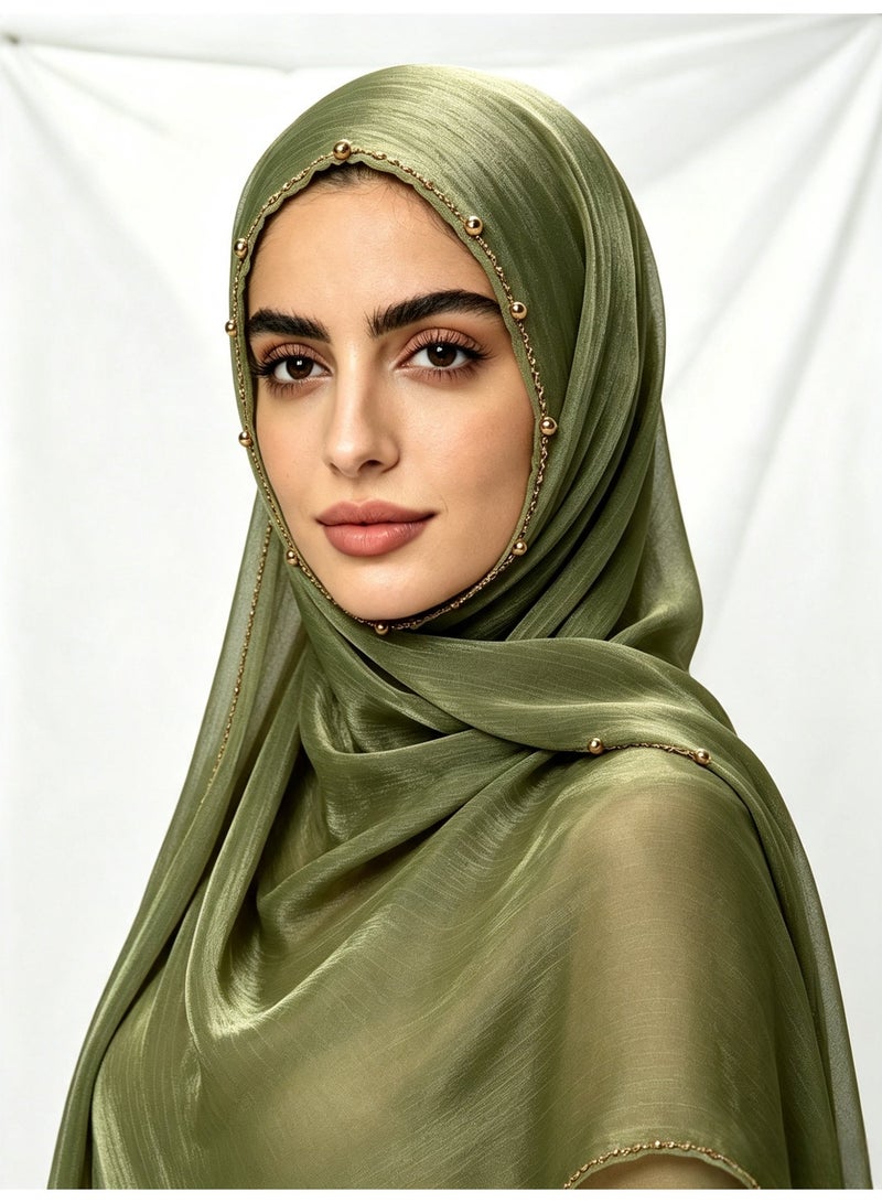 Solid-colour, cool-touch satin-finish crepe long scarf with metallic bead chain; women’s shiny silk long scarf - Image 3