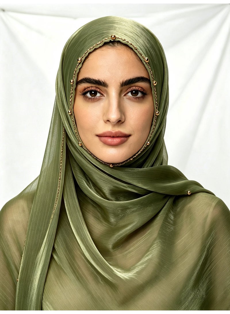 Solid-colour, cool-touch satin-finish crepe long scarf with metallic bead chain; women’s shiny silk long scarf - Image 4
