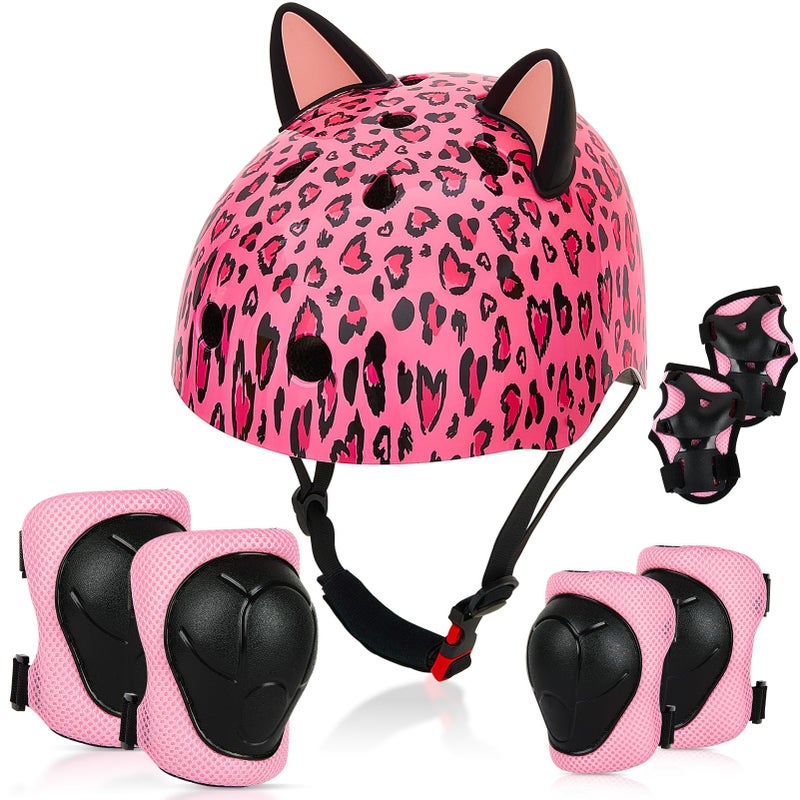 FIODAY Kids Helmet, Bike Helmets for Kids 8-14 with Knee Pads and Elbow Pads Wrist Guards, Adjustable Youth Girls Bike Helmet with DIY Cat Ears Skateboard Helmet for Scooter Skating Cycling - Image 1