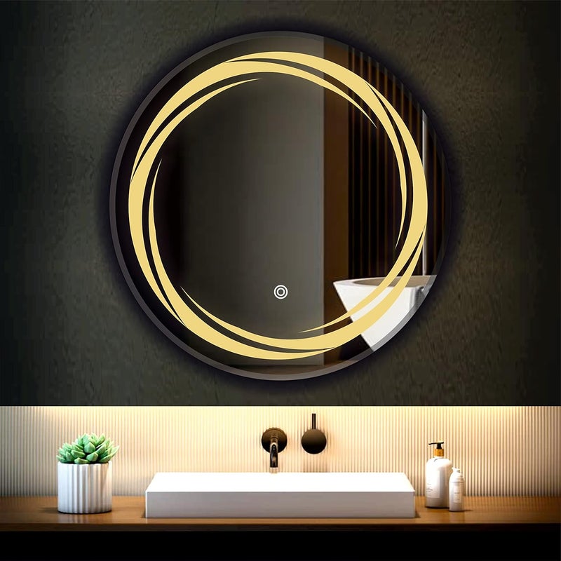 PRINCE ART مرآة LED زجاجية ديكورية للحمام مع مستشعر لمسة 24x24 بوصة دائري DH13 - Image 1