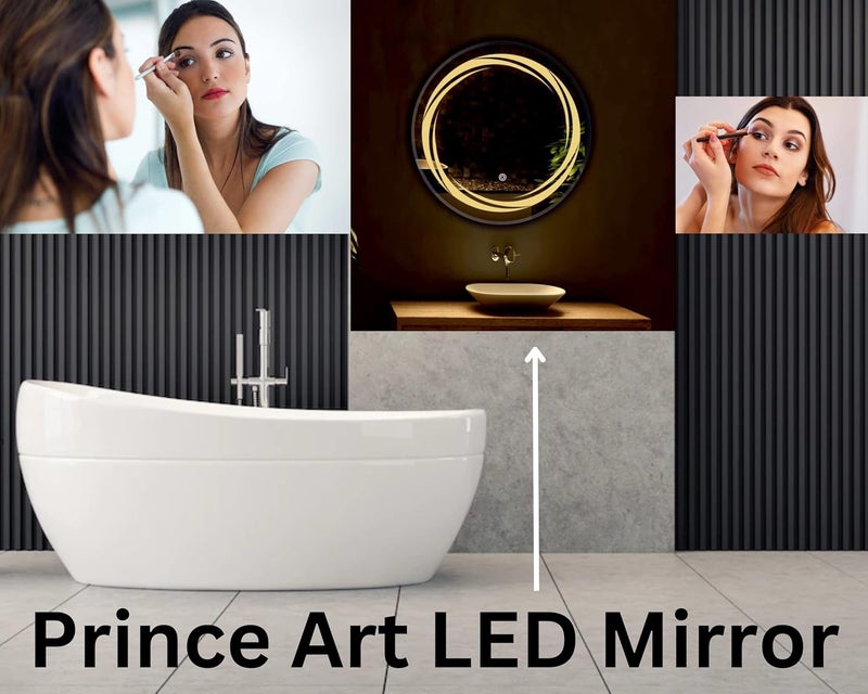 PRINCE ART مرآة LED زجاجية ديكورية للحمام مع مستشعر لمسة 24x24 بوصة دائري DH13 - Image 3