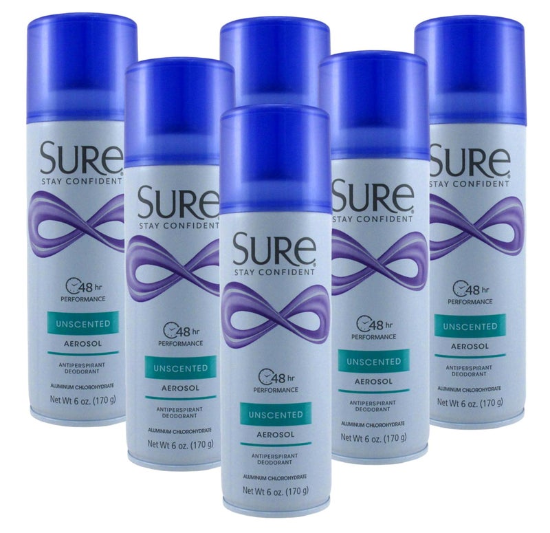 Sure Deodorant 6 Ounce Aerosol Unscented 177ml 6 Pack
