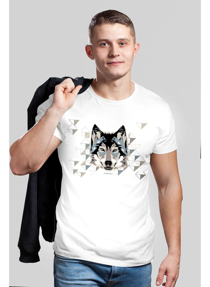 Rock&Roll Geometric Wolf White Short Sleeve Men's T-Shirt