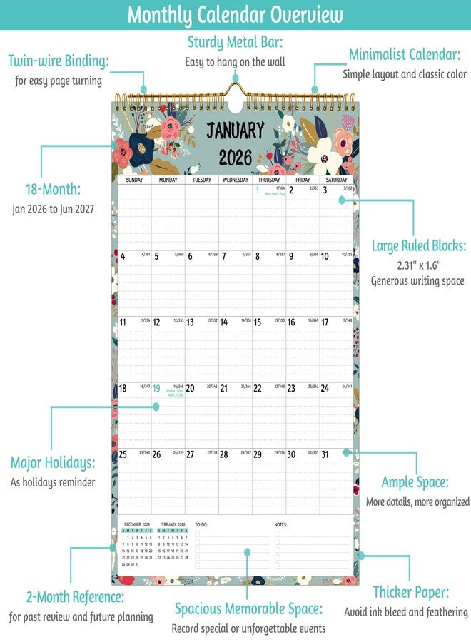 BowCuk Wall Calendar 2026-2027 - Jan.2026 - Jun.2027, Calendar 2026-2027 Wall, 18 Monthly Calendar, 12 x 17 In, 2026 Calendar with Large Blocks, Thick Paper, Holidays, To-do ＆ Notes, Great for Organizing - Image 4