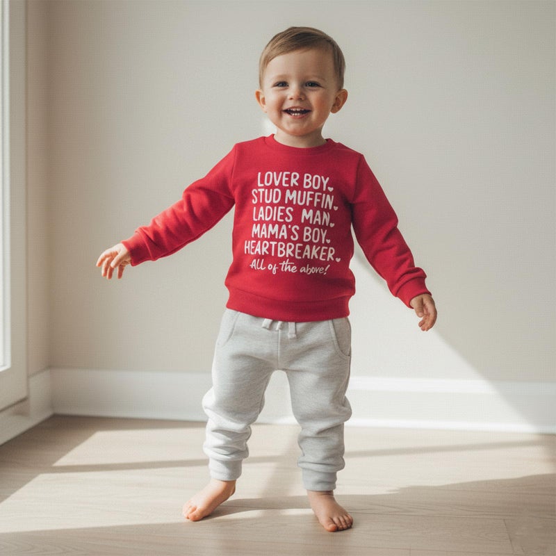 Fernvia Toddler Baby Boy Valentines Day Outfit Letter Print Long Sleeve Crewneck Sweatshirt + Joggers Pants Sets (A Lover Boy Red, 12-18 Months) - Image 3