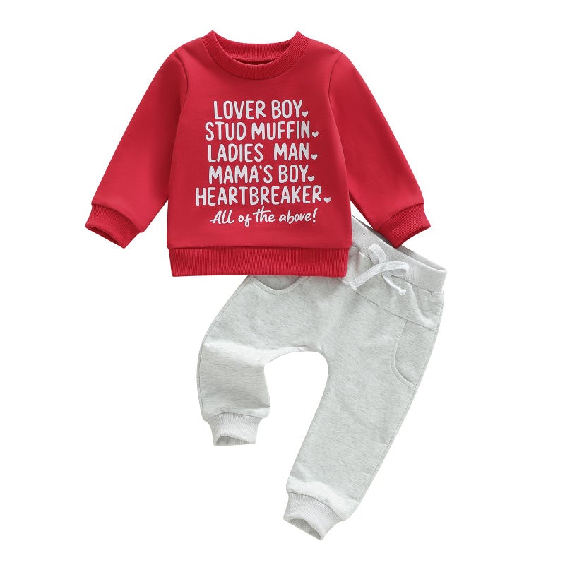 Fernvia Toddler Baby Boy Valentines Day Outfit Letter Print Long Sleeve Crewneck Sweatshirt + Joggers Pants Sets (A Lover Boy Red, 12-18 Months) - Image 1